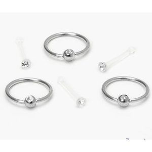 New set of 6 stainless steel Crystal nose rings and retainers